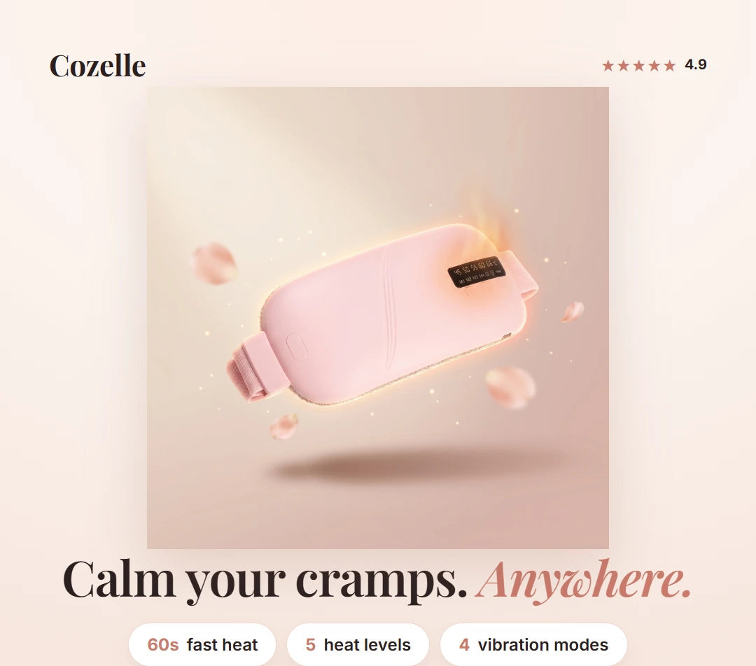 Cozelle cordless period relief belt — calm your cramps anywhere, 60-second heat, 5 heat levels, 4 vibration modes