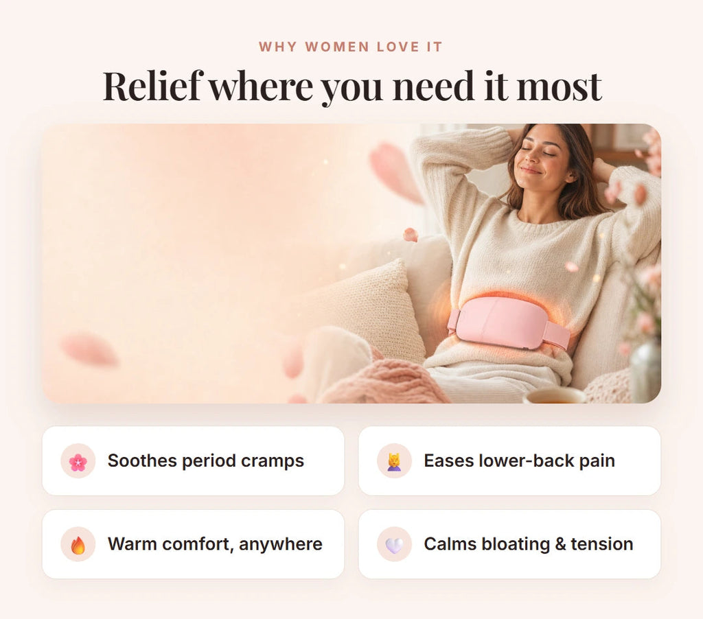 Cozelle relieves period cramps, lower-back pain, bloating and waist tension with warm comfort anywhere