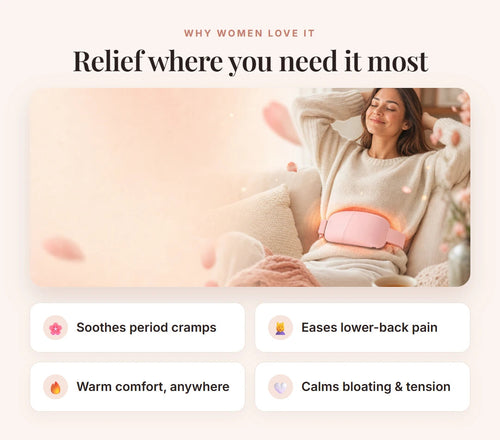 Cozelle relieves period cramps, lower-back pain, bloating and waist tension with warm comfort anywhere
